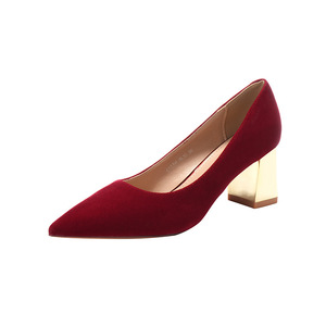 Zapatos de boda de tacón grueso con punta en punta de terciopelo rojo para novia y dama de honor, elegantes, sin cordones, de tacón medio 6555H - Product Image 5