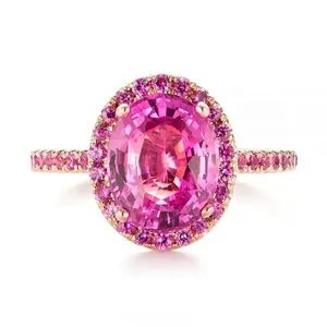 Pink Sapphire Halo Ring Oval Shape Pink Sapphire Jewelry Silver Hot Pink Sapphire Eternal Ring