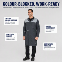 Blouse de travail personnalisée à blocs de couleur, manches longues, longueur genou, vêtement de travail industriel, patte de boutonnage dissimulée, uniforme pour technicien d'atelier d'usine
