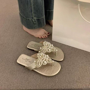 Fairy Style Thong Sandals for Women 2025 New Arrival Vintage Bohemian <b>Flip</b> <b>Flops</b> with Pearl Accents - Product Image 1