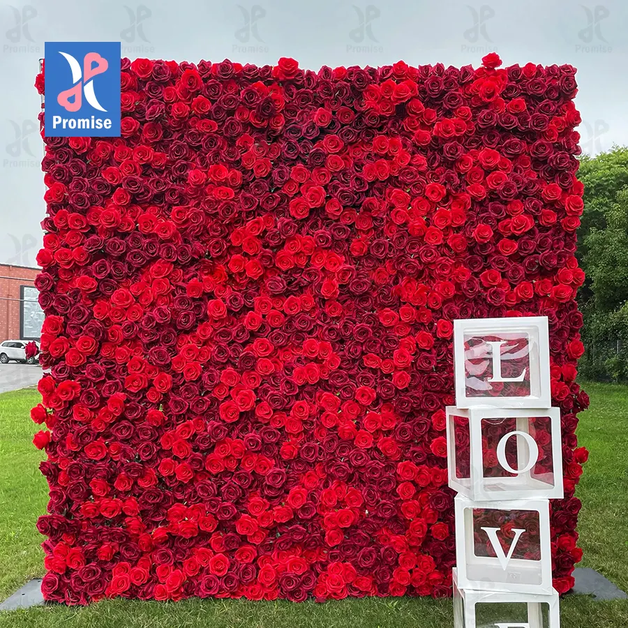 Promise Oem 8*8ft Cloth 3D 5D Roll Up Flowers Backdrop Wedding Rose Backdrop Fabric Floral Wall Panel WED red Flower Wall