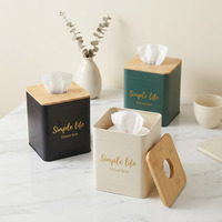Boîte à mouchoirs carrée moderne en métal avec couvercle en bambou, motif Simple Life, distributeur de serviettes pour la maison, l'hôtel et le bureau