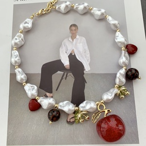 Collana di mele promozionale LS-L4195 con perline di perle oro collana di ciliegio rosso cuore <span class=keywords><strong>ambra</strong></span> collana - Product Image 5