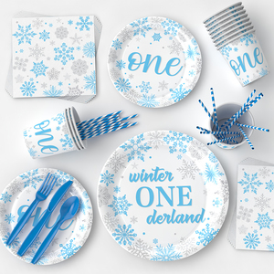 Serviettes et assiettes à dîner flocon de neige pour la décoration d'<span class=keywords><strong>anniversaire</strong></span> sur le thème du pays des merveilles d'hiver, pour le 1er <span class=keywords><strong>anniversaire</strong></span> des garçons, collection Hiver Bleu - Product Image 5