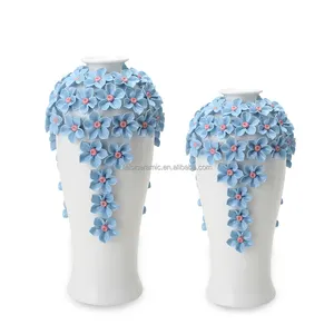 V143BL, decoración de mesa interior, jarrón de flores azul de porcelana, jarrones de brotes altos decorativos de cerámica para decoración del hogar