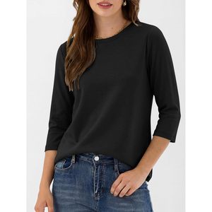 FOXA Haut à manches 3/4 pour femme, col rond, t-shirt basique en tricot doux, anti-rides, décontracté, pour tous les jours, vêtements de printemps et d'été - Product Image 2