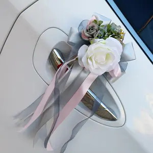 לבן עלה פרחים מלאכותיים לקישוט רכב חתונה כלה רכב קישוטי דלת ידית סרטי משי פרח
