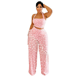 Nouvel ensemble pantalon deux pièces <span class=keywords><strong>pour</strong></span> <span class=keywords><strong>femme</strong></span>, imprimé pois décontracté, haut asymétrique tendance et pantalon à franges, ensemble 2 pièces <span class=keywords><strong>pour</strong></span> <span class=keywords><strong>femme</strong></span> - Product Image 6