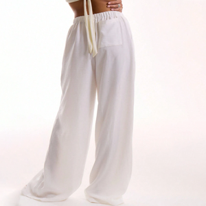 OEM Custom Womens Holiday Textured <b>Linen</b> Feel Tie Waist Wide Leg <b>Trousers</b> Summer Elegant Beach Vacation Loose Flowy Pants - Product Image 4