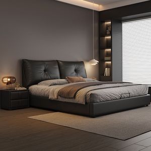 Cream Colored Genuine Leather King <b>Bed</b> With <b>Soft</b> Backrest Low Box Up-holstered <b>Bed</b> For Master Bedroom - Product Image 1