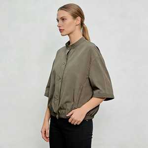 Veste courte en toile <span class=keywords><strong>beige</strong></span> pour <span class=keywords><strong>femme</strong></span>, col mandarin, taille ajustable avec cordon, boutons sur le devant, veste décontractée respirante pour le printemps - Product Image 1