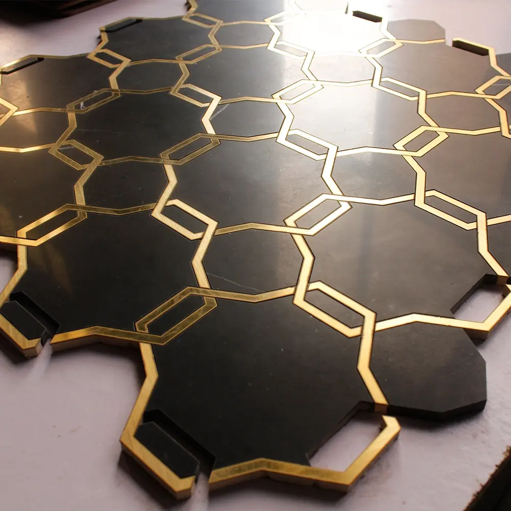 Century Mosaic Black Stone Marble with Brass Waterjet Mosaic Tile for Wall or Floor