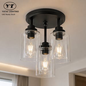 Lámpara de techo moderna de 3 bombillas, de montaje semiempotrado, de hierro negro con cristal transparente, para sala de estar, dormitorio, comedor, pasillo - Product Image 1
