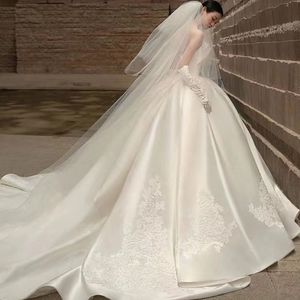 2025 New Luxury satin Wedding Dress đối với cô dâu Đế Chế Silhouette ren-up trở lại tiên tiến kết cấu dài dấu ống Top găng tay - Product Image 1
