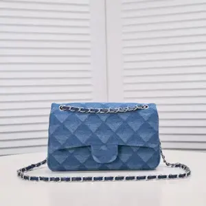 Bolsa de lona azul de luxo feminina, bolsa de mão com marcas famosas feita em tecido de ombro