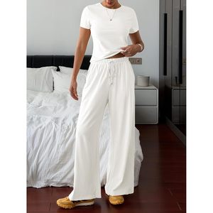 Fisoew Women 2 Piece Lounge <b>Set</b> Short Sleeve Crop Top Wide Leg <b>Sweatpants</b> Casual Summer Outfits Breathable Knitted Tracksuit - Product Image 3