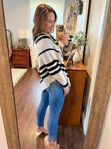 Maglione da <span class=keywords><strong>Donna</strong></span> Xc829 Casual con Maniche a Pipistrello, Collo Tondo, Lungo, Traspirante, Lavorato a <span class=keywords><strong>Maglia</strong></span>, a Righe, con Scialle Ricamato, Antirughe - Product Image 3