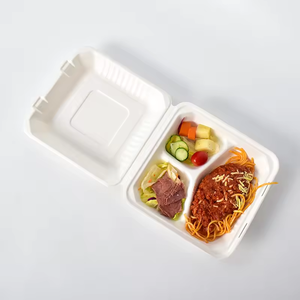 Kotak makanan sekali pakai clamshell dua tingkat berbahan bagasse tebu biodegradable ukuran 35x25x10cm, dapat dikomposkan, untuk <span class=keywords><strong>burger</strong></span>, dapat dipanaskan, dan anti bocor - Product Image 6