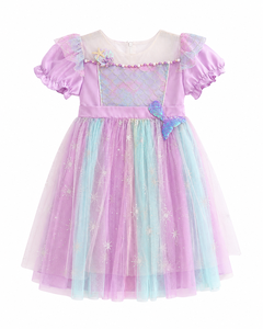 Girls <b>Purple</b> Pastel Tulle Dress With Puff Sleeves Doll Collar A-Line Knee-Length Sweet Style Spring Chiffon Dress - Product Image 4