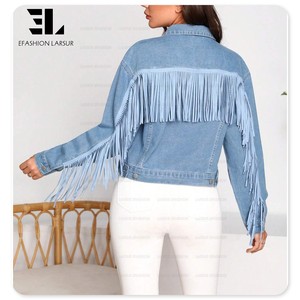 LARSUR Custom factory ladies cotone saia <span class=keywords><strong>fringe</strong></span> rifinitura a maniche lunghe giacca <span class=keywords><strong>crop</strong></span> in denim abbottonatura shorts giacca jeans cappotto da donna - Product Image 1