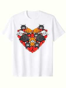 T-shirt da donna con stampa gatto a cuore, simpatico gattino di San Valentino, manica corta, girocollo, 100% cotone jersey, primavera estate - Product Image 1