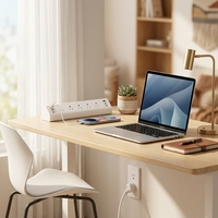 Multiprise de table blanche avec protection contre les surtensions, 5 prises, 2 ports USB-A, 1 port USB-C 40W à charge rapide, installation facile