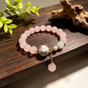 Bracelet en perles de cristal de quartz <span class=keywords><strong>rose</strong></span> pour femmes, pendentif chat porte-bonheur <span class=keywords><strong>Maneki</strong></span> <span class=keywords><strong>Neko</strong></span>, 10 mm, extensible - Product Image 3