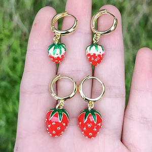 Pendientes de aro rojos de fresa/<span class=keywords><strong>tortuga</strong></span> esmaltados en oro CZ Micro pavimentados cereza/Estrella/Corazón aros joyería al por mayor - Product Image 1