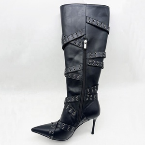 Trending Gold Side Zipper Women's Knee High Boots Pointed Toe Metal Studded Cross Straps Long Booties Stiletto Heel <b>Shoes</b> - Product Image 3