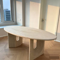 Table à manger ovale en travertin, fabrication directe d'usine, pieds en U cannelés, pour projets résidentiels et hôteliers