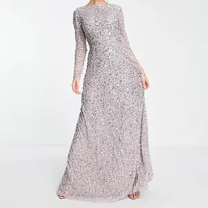 Custom Women Luxury Sexy Round Neck Long Sleeve Zip Lace Up Sliver Maxi Sequin Evening Dresses