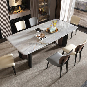 Juego de Comedor de Lujo con Mesa Rectangular de Losa de Roca, Tapa con Patrón de Mármol, Base Doble Curva, 6 Sillas, Muebles para Hogar, Restaurante y Hotel - Product Image 2