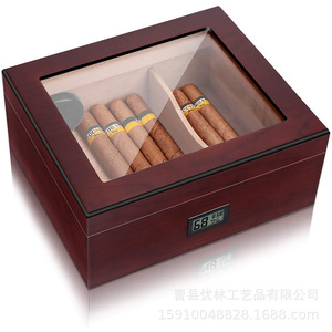 Humidor de madera maciza para puros con tapa de cristal e higrómetro digital, caja de almacenamiento rectangular de cedro, superficie lacada a prueba de humedad - Product Image 3