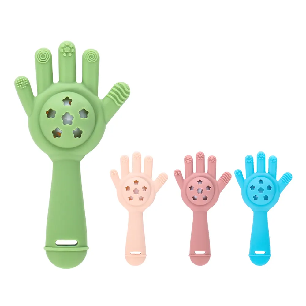 Penjualan langsung pabrik Mainan Gigit Bayi fase Oral menenangkan bayi Mainan Gigit tangan silikon
