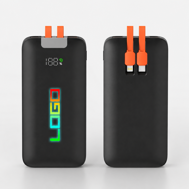 Custom Power Bank 10000mAh 20000mAh Portable Charger with Custom Illuminated Logo Built-in Dual Cables 4 Outputs and LED Display