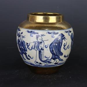 แจกันเครื่องลายครามจีนโบราณ ลายแปดเทพ ลงสีน้ำเงิน ขาว และทอง - Product Image 2