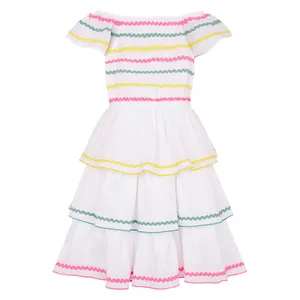 Guangzhou wholesale simple white color fashion party maxi girl's dresses off shoulder different color ribbon baby girl dress