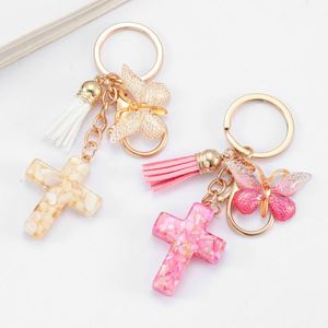 Wholesale Resin Stone Cross <b>Keychain</b> - Elegant Bag Hanger Pendant with Tassel Butterfly Charm - Product Image 2