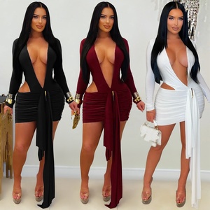 Abito <span class=keywords><strong>Sexy</strong></span> da <span class=keywords><strong>Donna</strong></span> con Scollo Profondo a V, Tinta Unita, Vita Scoperta, Maniche Lunghe, Vestito Corto Aderente alla Moda per Feste in Discoteca - Product Image 1