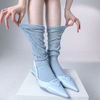 Chaussettes mi-mollet pour femme, fines, couleur macaron, en maille unie ajourée tricotée torsadée, avec bordure en dentelle, absorbantes et à volants, collection printemps