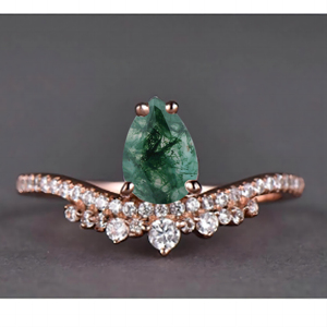 Bague de fiançailles pour femme en argent 925 avec pierre d'agate mousse taille poire et sertissage pavé de diamants, style romantique - Product Image 1