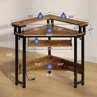 Bureau de jeu d'angle triangulaire avec prises de courant et lumières LED, petit poste de travail d'angle avec support de moniteur et plateau de clavier