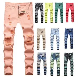 Multi-Colors Men Streetwear Stacked Jeans Fashion Washed Ripped Straight Leg Casual Trousers Jeans For Men