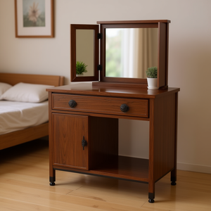 Tocador de maquillaje retro con acabado de madera, espejo y organizador de joyas para dormitorio. - Product Image 2