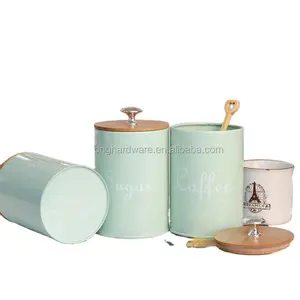 1 color logo printing round kitchen canister metal sugar coffee tea canister with bamboo lid jar