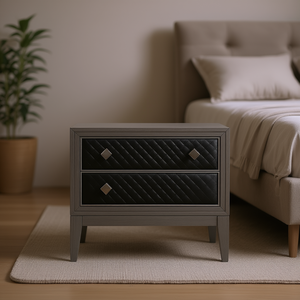 Comodino dal Design Moderno e Classico con 2 Cassetti, Rivestito in Ecopelle Grigia, Arredamento per Camera da Letto in Legno - Product Image 2