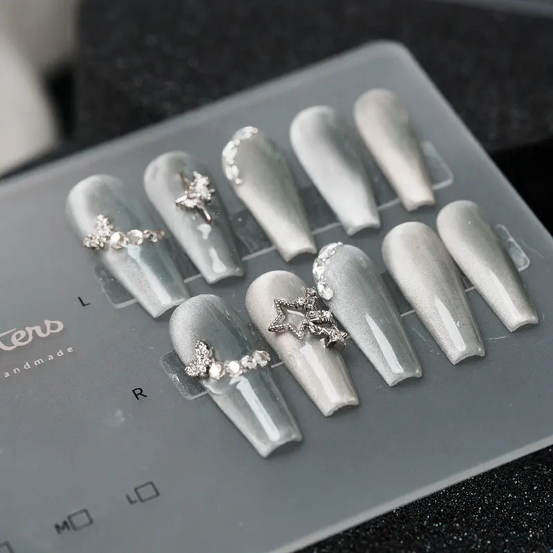 Customized Coffin Cat Eye 3D Nails Art Handmade False Nails In Stock
