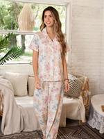 Pyjamas en coton à imprimé floral d'été personnalisés, col cranté avec passepoil, manches courtes, pyjamas en bambou, vêtements de détente pour femmes