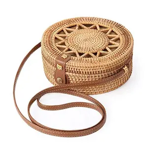 Bolso de mimbre Natural para mujer, tejida a mano bandolera de mimbre, estilo bohemio circular con correas de cuero para el hombro, para vacaciones