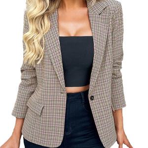 Veste de costume d'affaires en tricot à carreaux de haute qualité, personnalisée OEM/ODM, pour femme, style court d'été, coupe ample, col en V - Product Image 3